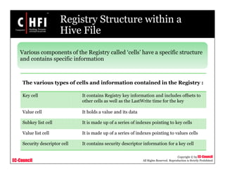 EC-Council
Copyright © by EC-Council
All Rights Reserved. Reproduction is Strictly Prohibited
Registry Structure within a
Hive File
Various components of the Registry called ‘cells’ have a specific structure
and contains specific information
The various types of cells and information contained in the Registry :
Key cell It contains Registry key information and includes offsets to
other cells as well as the LastWrite time for the key
Value cell It holds a value and its data
Subkey list cell It is made up of a series of indexes pointing to key cells
Value list cell It is made up of a series of indexes pointing to values cells
Security descriptor cell It contains security descriptor information for a key cell
 