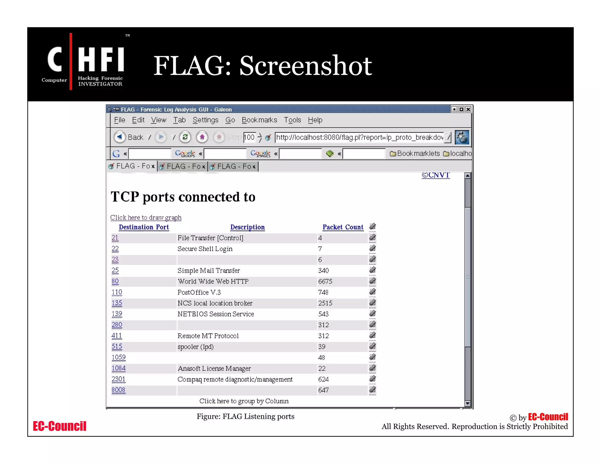 EC-Council
Copyright © by EC-Council
All Rights Reserved. Reproduction is Strictly Prohibited
FLAG: Screenshot
Figure: FLAG Listening ports
 