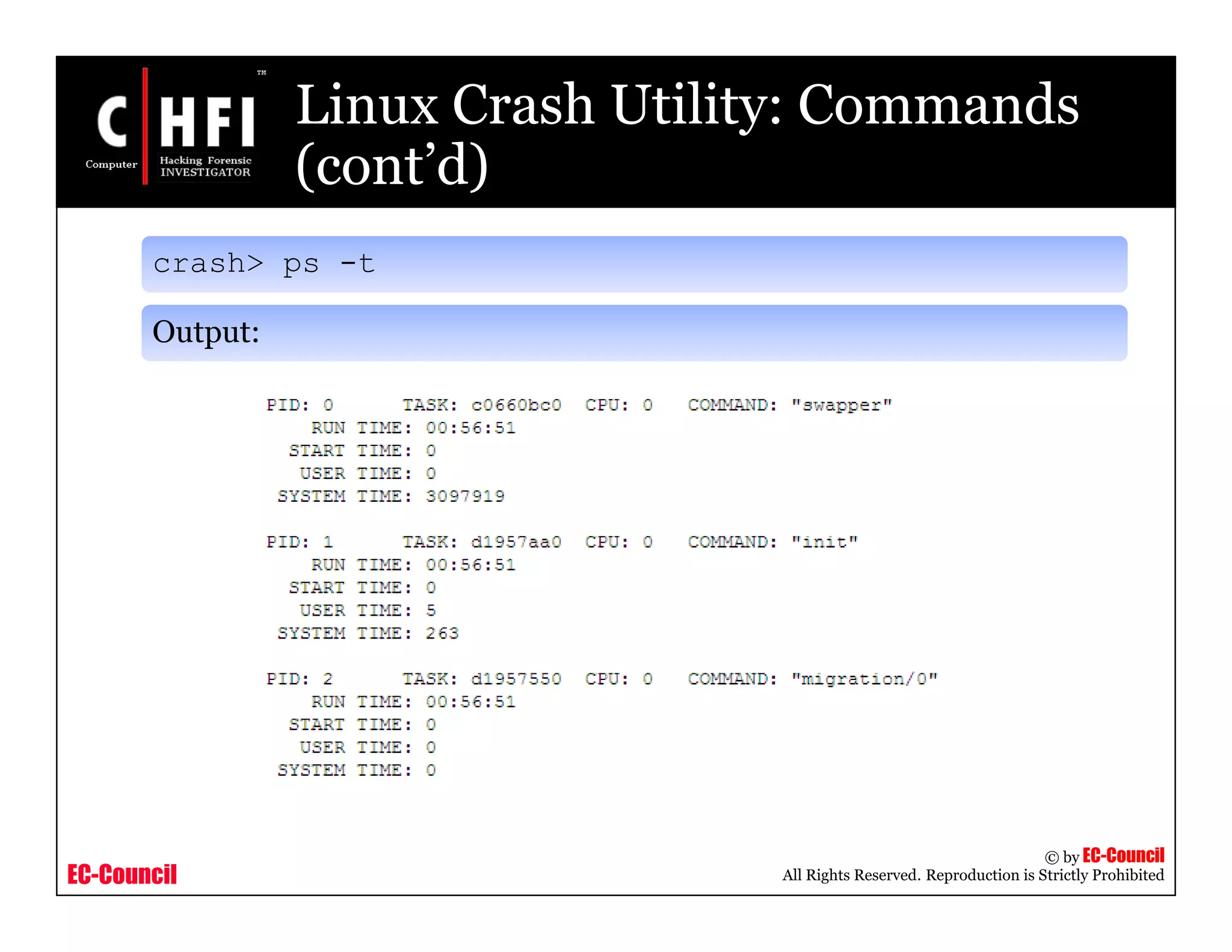 EC-Council
Copyright © by EC-Council
All Rights Reserved. Reproduction is Strictly Prohibited
Linux Crash Utility: Commands
(cont’d)
crash> ps -t
Output:
 