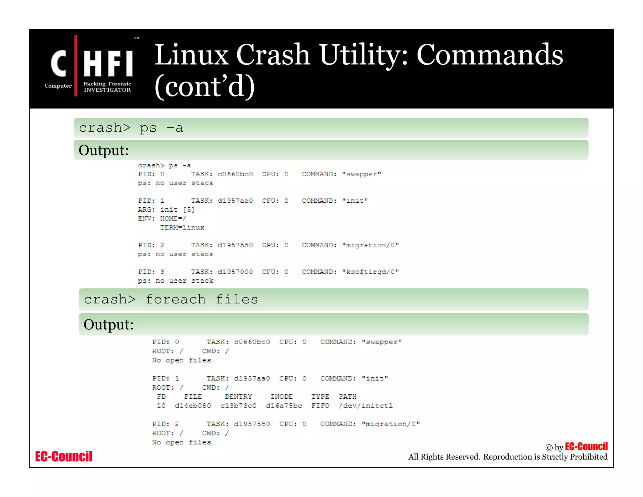 EC-Council
Copyright © by EC-Council
All Rights Reserved. Reproduction is Strictly Prohibited
Linux Crash Utility: Commands
(cont’d)
crash> ps –a
Output:
crash> foreach files
Output:
 