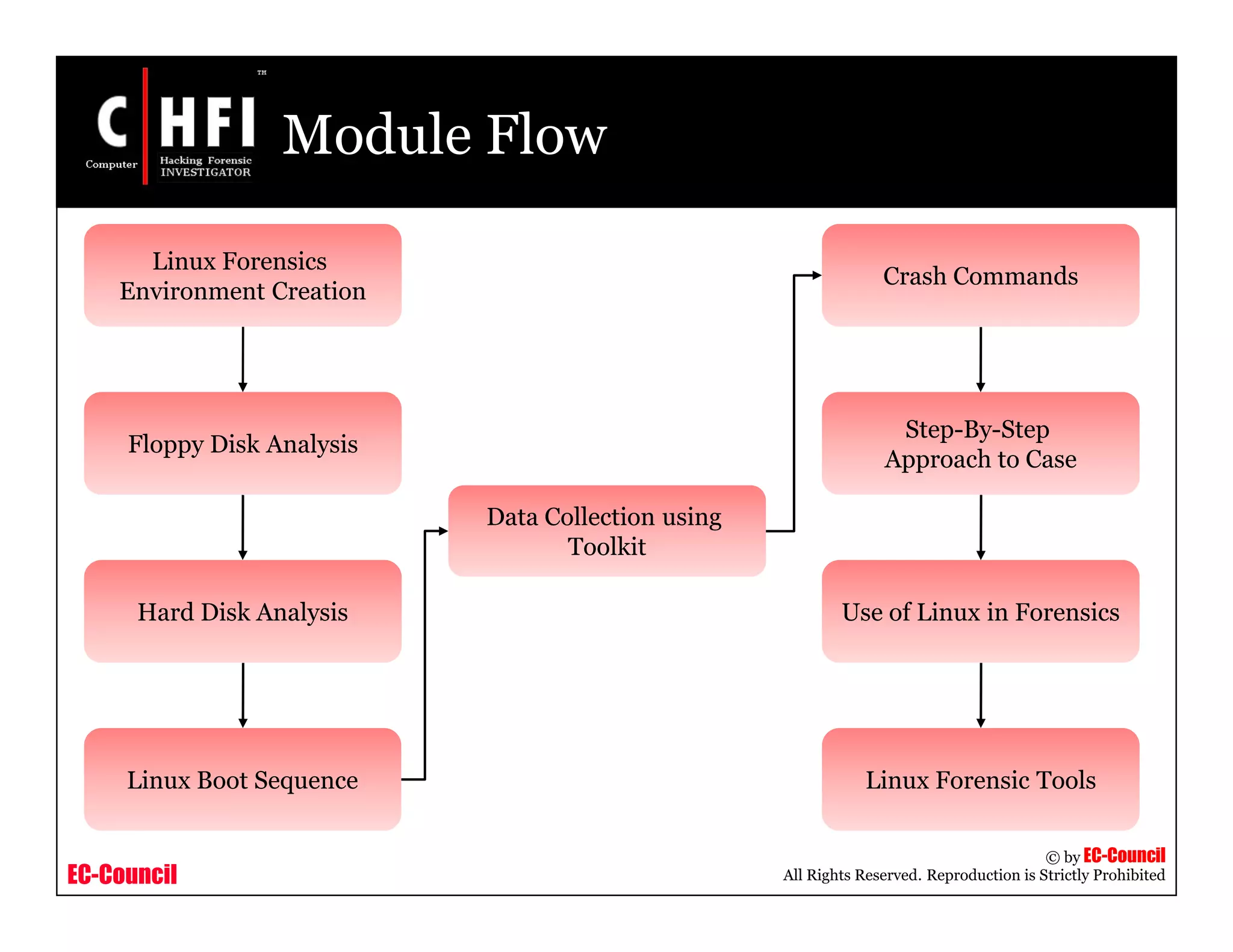 EC-Council
Copyright © by EC-Council
All Rights Reserved. Reproduction is Strictly Prohibited
Module Flow
Linux Boot Sequence
Data Collection using
Toolkit
Crash Commands
Step-By-Step
Approach to Case
Use of Linux in Forensics
Floppy Disk Analysis
Linux Forensics
Environment Creation
Hard Disk Analysis
Linux Forensic Tools
 