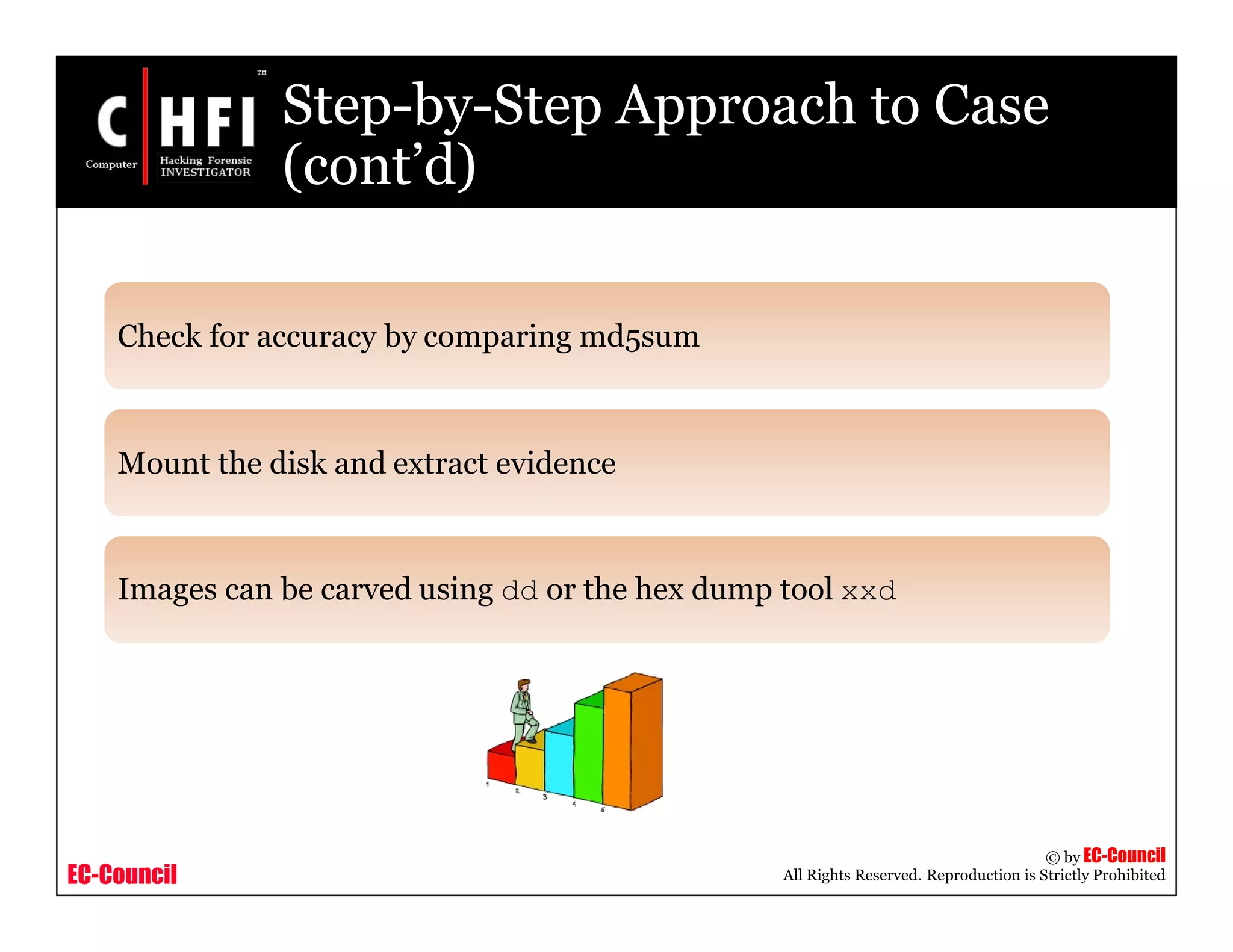EC-Council
Copyright © by EC-Council
All Rights Reserved. Reproduction is Strictly Prohibited
Check for accuracy by comparing md5sum
Mount the disk and extract evidence
Images can be carved using dd or the hex dump tool xxd
Step-by-Step Approach to Case
(cont’d)
 