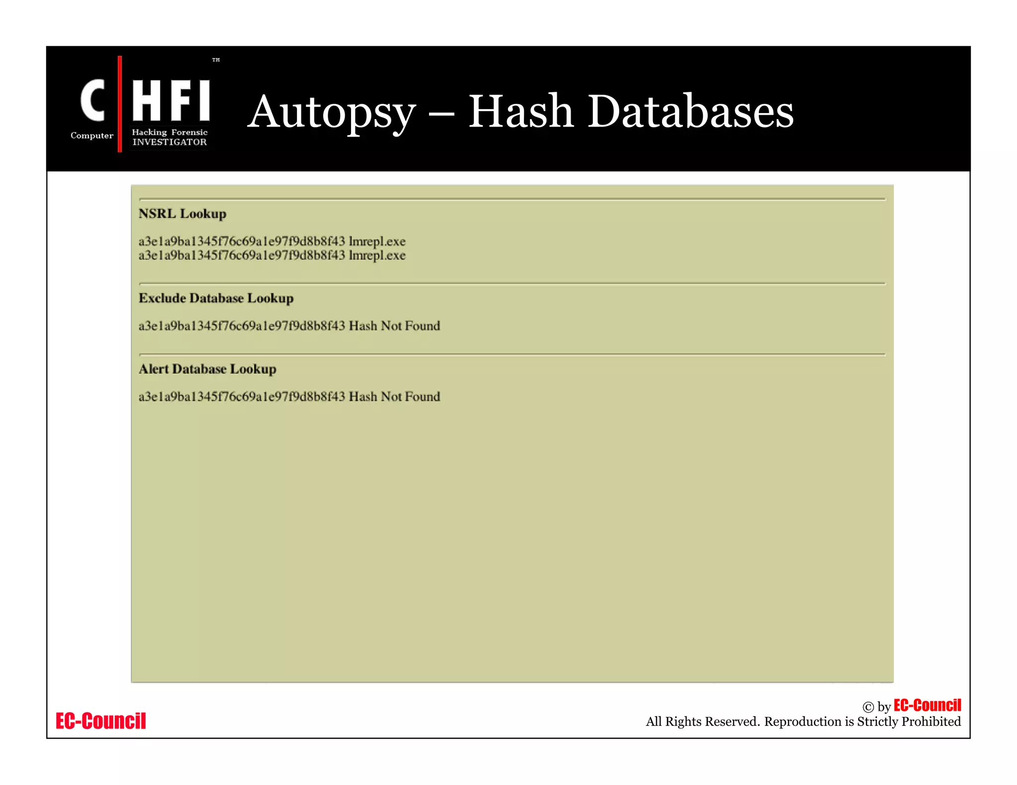 EC-Council
Copyright © by EC-Council
All Rights Reserved. Reproduction is Strictly Prohibited
Autopsy – Hash Databases
 