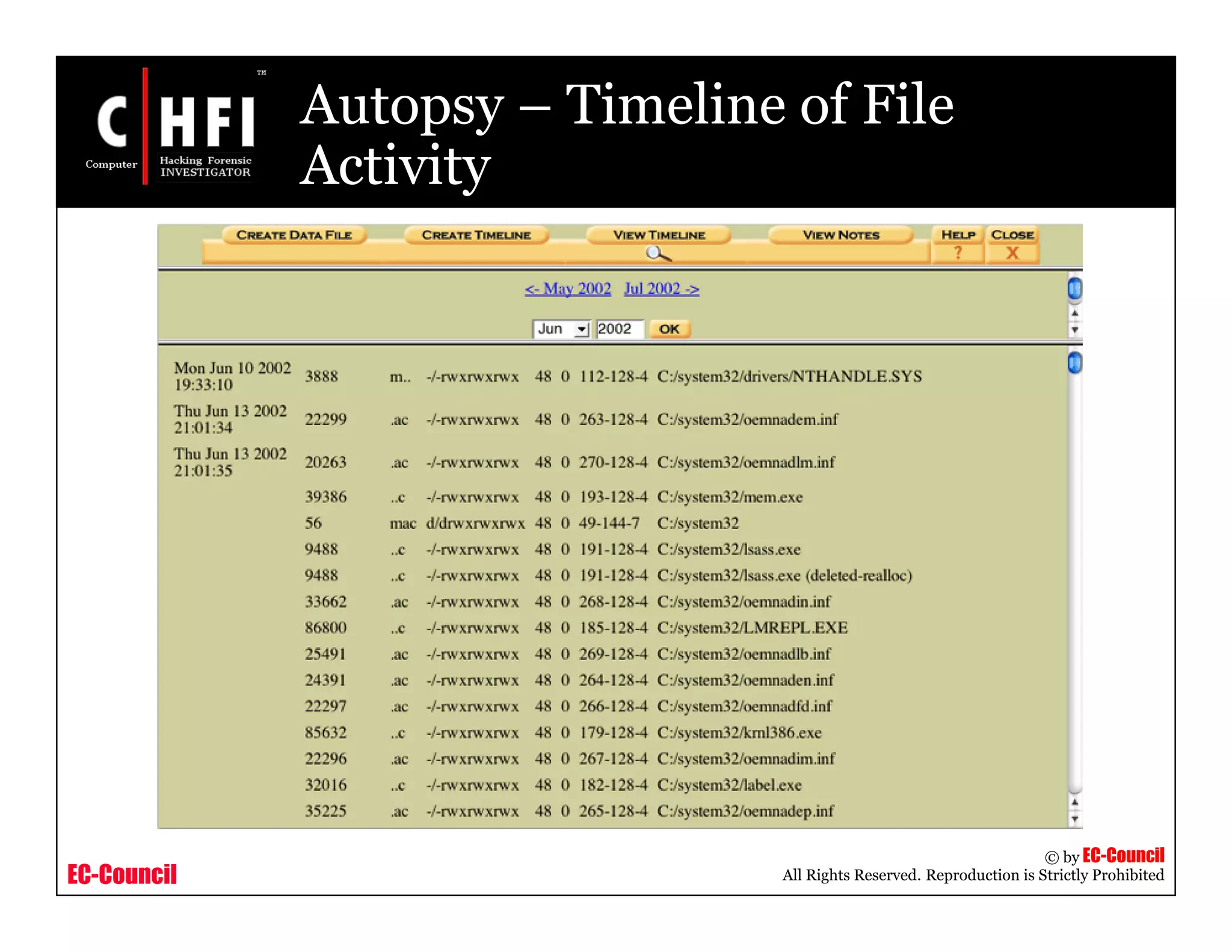 EC-Council
Copyright © by EC-Council
All Rights Reserved. Reproduction is Strictly Prohibited
Autopsy – Timeline of File
Activity
 
