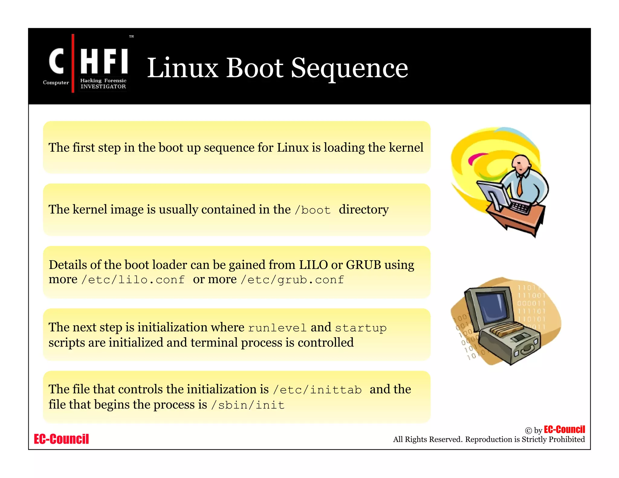 EC-Council
Copyright © by EC-Council
All Rights Reserved. Reproduction is Strictly Prohibited
Linux Boot Sequence
The first step in the boot up sequence for Linux is loading the kernel
The kernel image is usually contained in the /boot directory
Details of the boot loader can be gained from LILO or GRUB using
more /etc/lilo.conf or more /etc/grub.conf
The next step is initialization where runlevel and startup
scripts are initialized and terminal process is controlled
The file that controls the initialization is /etc/inittab and the
file that begins the process is /sbin/init
 