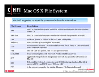 EC-Council
Copyright © by EC-Council
All Rights Reserved. Reproduction is Strictly Prohibited
Mac OS X File System
Mac OS X supports a variety of file systems and volume formats such as:
File System Description
HFS
Mac OS Standard file system. Standard Macintosh file system for older versions
of Mac OS
HFS Plus Mac OS Extended file system. Standard Macintosh file system for Mac OS X
UFS Unix File System. A variant of the BSD “Fast File System”
WebDAV Used for directly accessing files on the web
UDF
Universal Disk Format. The standard file system for all forms of DVD media and
some writable CD formats
FAT The MS-DOS file system, with 16- and 32-bit variants
SMB/CIFS Used for sharing files with Microsoft Windows SMB file servers
AFP
AppleTalk Filing Protocol. The primary network file system for all versions of
Mac OS
NFS
Network File System. A commonly-used BSD file sharing standard. Mac OS X
supports NFSv2 and NFSv3 over TCP and UDP
FTP A file system wrapper for the standard Internet File Transfer Protocol
 