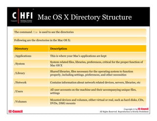 EC-Council
Copyright © by EC-Council
All Rights Reserved. Reproduction is Strictly Prohibited
Mac OS X Directory Structure
The command /ls is used to see the directories
Following are the directories in the Mac OS X:
Directory Description
/Applications This is where your Mac’s applications are kept
/System
System related files, libraries, preferences, critical for the proper function of
Mac OS X
/Library
Shared libraries, files necessary for the operating system to function
properly, including settings, preferences, and other necessities
/Network Contains information about network related devices, servers, libraries, etc
/Users
All user accounts on the machine and their accompanying unique files,
settings
/Volumes
Mounted devices and volumes, either virtual or real, such as hard disks, CDs,
DVDs, DMG mounts
 