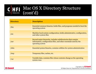 EC-Council
Copyright © by EC-Council
All Rights Reserved. Reproduction is Strictly Prohibited
Mac OS X Directory Structure
(cont’d)
Directory Description
/bin
Essential common binaries, holds files, and programs needed to boot the
operating system
/etc
Machine local system configuration, holds administrative, configuration,
and other system files
/usr
Second major hierarchy, includes subdirectories that contain
information, configuration files, and other essentials used by the
operating system
/sbin Essential system binaries, contains utilities for system administration
/tmp Temporary files, caches, etc.
/var
Variable data, contains files whose contents change as the operating
system runs
 
