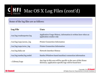 EC-Council
Copyright © by EC-Council
All Rights Reserved. Reproduction is Strictly Prohibited
Mac OS X Log Files (cont’d)
Some of the log files are as follows:
Log File Uses
/var/log/crashreporter.log
Application Usage History, information is written here when an
application crashes only
/var/log/cups/access_log Printer Connection Information
/var/log/cups/error_log Printer Connection Information
/var/log/daily.out Network Interface History
/var/log/samba/log.nmbd Samba (Windows based machine) connection information
~/Library/Logs
Any logs in this area will be specific to the user of this Home
directory; application-specific logs will be found here
 