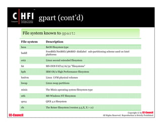 EC-Council
Copyright © by EC-Council
All Rights Reserved. Reproduction is Strictly Prohibited
gpart (cont’d)
File system known to gpart:
File system Description
beos BeOS filesystem type
bsddl
FreeBSD/NetBSD/386BSD disklabel sub-partitioning scheme used on Intel
platforms
ext2 Linux second extended filesystem
fat MS-DOS FAT12/16/32 "filesystems"
hpfs IBM OS/2 High Performance filesystem
hmlvm Linux LVM physical volumes
lswap Linux swap partitions
minix The Minix operating system filesystem type
ntfs MS Windows NT filesystem
qnx4 QNX 4.x filesystem
rfs The Reiser filesystem (version 3.5.X, X > 11)
 