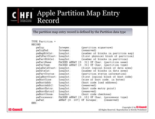 EC-Council
Copyright © by EC-Council
All Rights Reserved. Reproduction is Strictly Prohibited
Apple Partition Map Entry
Record
The partition map entry record is defined by the Partition data type
 