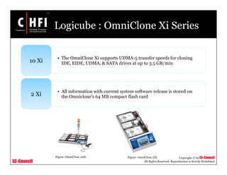EC-Council
Copyright © by EC-Council
All Rights Reserved. Reproduction is Strictly Prohibited
Logicube : OmniClone Xi Series
• The OmniClone Xi supports UDMA-5 transfer speeds for cloning
IDE, EIDE, UDMA, & SATA drives at up to 3.5 GB/min10 Xi
• All information with current system software release is stored on
the Omniclone's 64 MB compact flash card2 Xi
Figure: OmniClone 2XiFigure: OmniClone 10Xi
 