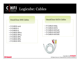 EC-Council
Copyright © by EC-Council
All Rights Reserved. Reproduction is Strictly Prohibited
Logicube: Cables
• F-CABLE-30A
• F-CABLE-5
• F-CABLE-9
• F-CABLE-RP10
• F-CABLE-RP15
• F-CABLE-RP2
• F-CABLE-RP5
• F-CABLE-SOL
OmniClone IDE Cables
• F-CABLE-SAS5
• F-CABLE-SATA
• F-CABLE-SATA18
• F-CABLE-SATAEP
• F-CABLE-SATAXI
OmniClone SATA Cables
 