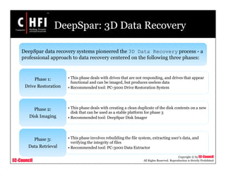 EC-Council
Copyright © by EC-Council
All Rights Reserved. Reproduction is Strictly Prohibited
DeepSpar: 3D Data Recovery
• This phase deals with drives that are not responding, and drives that appear
functional and can be imaged, but produces useless data
• Recommended tool: PC-3000 Drive Restoration System
Phase 1:
Drive Restoration
• This phase deals with creating a clean duplicate of the disk contents on a new
disk that can be used as a stable platform for phase 3
• Recommended tool: DeepSpar Disk Imager
Phase 2:
Disk Imaging
• This phase involves rebuilding the file system, extracting user’s data, and
verifying the integrity of files
• Recommended tool: PC-3000 Data Extractor
Phase 3:
Data Retrieval
DeepSpar data recovery systems pioneered the 3D Data Recovery process - a
professional approach to data recovery centered on the following three phases:
 