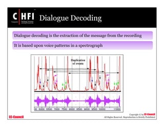 EC-Council
Copyright © by EC-Council
All Rights Reserved. Reproduction is Strictly Prohibited
Dialogue Decoding
Dialogue decoding is the extraction of the message from the recording
It is based upon voice patterns in a spectrograph
 