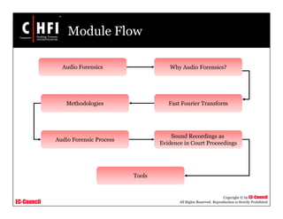 EC-Council
Copyright © by EC-Council
All Rights Reserved. Reproduction is Strictly Prohibited
Module Flow
Audio Forensics
Methodologies Fast Fourier Transform
Tools
Sound Recordings as
Evidence in Court Proceedings
Audio Forensic Process
Why Audio Forensics?
 