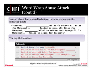 EC-Council
Copyright © by EC-Council
All Rights Reserved. Reproduction is Strictly Prohibited
Word Wrap Abuse Attack
(cont’d)
Instead of new line removal technique, the attacker may use the
following input:
• “Tester01. __________________Failed to delete all files
for Manager01.________Failed to move all files for
Manager01.__________Failed to remove user Manager01 for
Manager01.___Failed to logon for Tester01”
The log file looks like:
Figure: Word wrap abuse attack
 