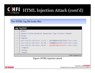 EC-Council
Copyright © by EC-Council
All Rights Reserved. Reproduction is Strictly Prohibited
HTML Injection Attack (cont’d)
The HTML log file looks like:
Figure: HTML injection attack
 