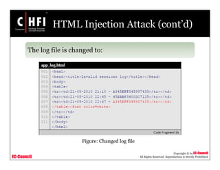 EC-Council
Copyright © by EC-Council
All Rights Reserved. Reproduction is Strictly Prohibited
HTML Injection Attack (cont’d)
The log file is changed to:
Figure: Changed log file
 