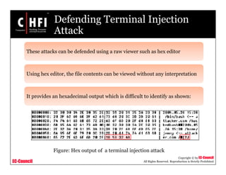 EC-Council
Copyright © by EC-Council
All Rights Reserved. Reproduction is Strictly Prohibited
Defending Terminal Injection
Attack
These attacks can be defended using a raw viewer such as hex editor
Using hex editor, the file contents can be viewed without any interpretation
It provides an hexadecimal output which is difficult to identify as shown:
Figure: Hex output of a terminal injection attack
 