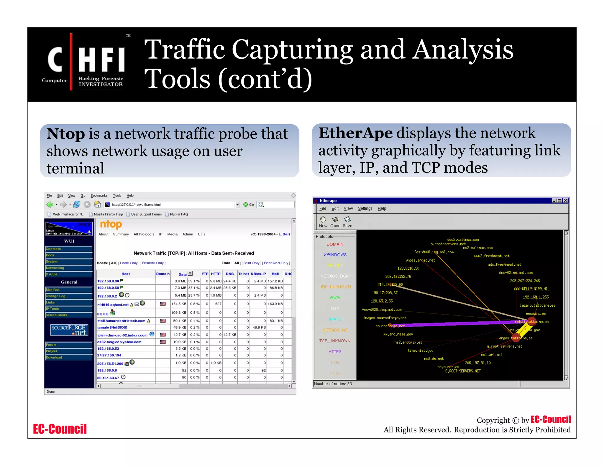 EC-Council
Copyright © by EC-Council
All Rights Reserved. Reproduction is Strictly Prohibited
Traffic Capturing and Analysis
Tools (cont’d)
Ntop is a network traffic probe that
shows network usage on user
terminal
EtherApe displays the network
activity graphically by featuring link
layer, IP, and TCP modes
 