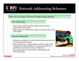 EC-Council
Copyright © by EC-Council
All Rights Reserved. Reproduction is Strictly Prohibited
Network Addressing Schemes
• Each node in LAN has a MAC address that is factory-
programmed into its NIC
• Data packets are addressed to either one of the nodes or all
of the nodes
LAN Addressing
• Internet is a collection of LANs and/or other networks that
are connected with routers
• Each network has a unique address and each node on the
network has a unique address, so an Internet address is
combination of network and node addresses
• IP is responsible for network layer addressing in the
TCP/IP protocol
Internet Addressing
There are two types of network addressing schemes:
 