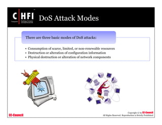 EC-Council
Copyright © by EC-Council
All Rights Reserved. Reproduction is Strictly Prohibited
DoS Attack Modes
• Consumption of scarce, limited, or non-renewable resources
• Destruction or alteration of configuration information
• Physical destruction or alteration of network components
There are three basic modes of DoS attacks:
 