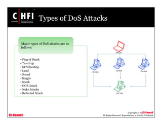 EC-Council
Copyright © by EC-Council
All Rights Reserved. Reproduction is Strictly Prohibited
Types of DoS Attacks
• Ping of Death
• Teardrop
• SYN flooding
• Land
• Smurf
• fraggle
• Snork
• OOB Attack
• Nuke Attacks
• Reflected Attack
Major types of DoS attacks are as
follows:
 