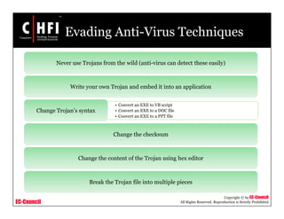 EC-Council
Copyright © by EC-Council
All Rights Reserved. Reproduction is Strictly Prohibited
Evading Anti-Virus Techniques
Never use Trojans from the wild (anti-virus can detect these easily)
Write your own Trojan and embed it into an application
• Convert an EXE to VB script
• Convert an EXE to a DOC file
• Convert an EXE to a PPT file
Change Trojan’s syntax
Change the checksum
Change the content of the Trojan using hex editor
Break the Trojan file into multiple pieces
 