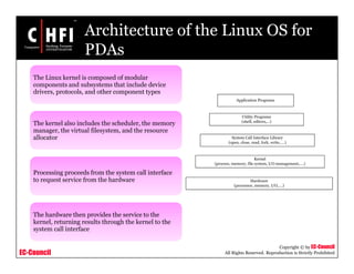 EC-Council
Copyright © by EC-Council
All Rights Reserved. Reproduction is Strictly Prohibited
Architecture of the Linux OS for
PDAs
The Linux kernel is composed of modular
components and subsystems that include device
drivers, protocols, and other component types
The kernel also includes the scheduler, the memory
manager, the virtual filesystem, and the resource
allocator
Processing proceeds from the system call interface
to request service from the hardware
The hardware then provides the service to the
kernel, returning results through the kernel to the
system call interface
 