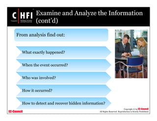EC-Council
Copyright © by EC-Council
All Rights Reserved. Reproduction is Strictly Prohibited
Examine and Analyze the Information
(cont’d)
From analysis find out:
What exactly happened?
When the event occurred?
Who was involved?
How it occurred?
How to detect and recover hidden information?
 