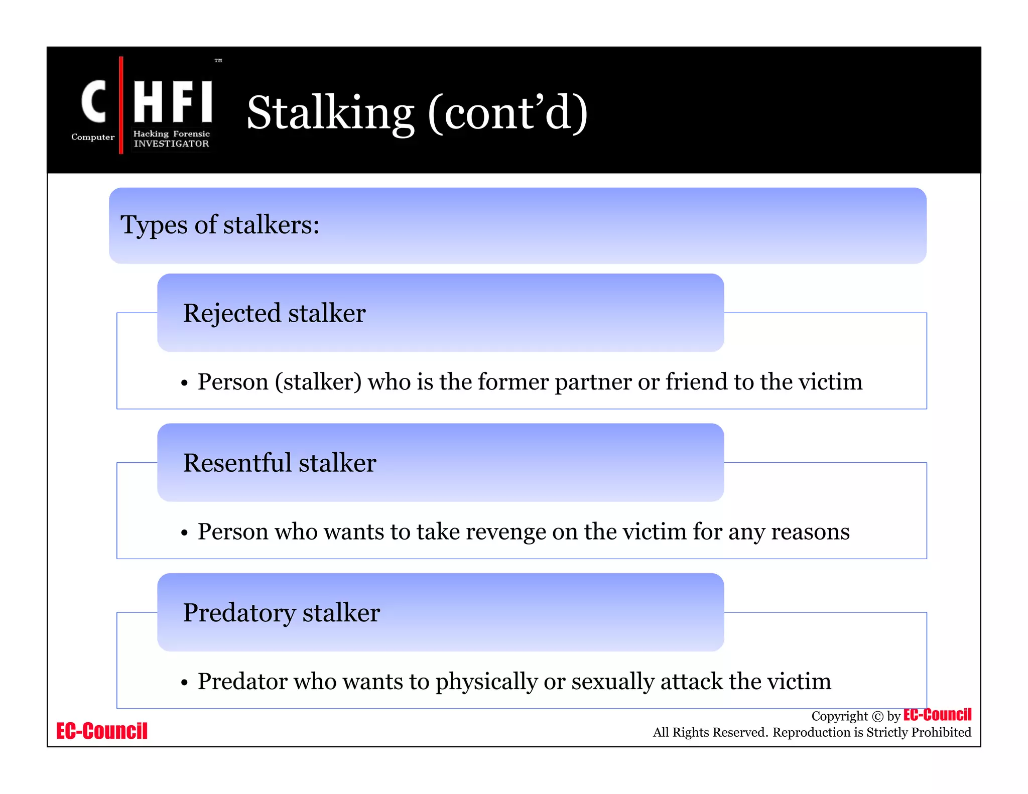 EC-Council
Copyright © by EC-Council
All Rights Reserved. Reproduction is Strictly Prohibited
Stalking (cont’d)
• Person (stalker) who is the former partner or friend to the victim
Rejected stalker
• Person who wants to take revenge on the victim for any reasons
Resentful stalker
• Predator who wants to physically or sexually attack the victim
Predatory stalker
Types of stalkers:
 