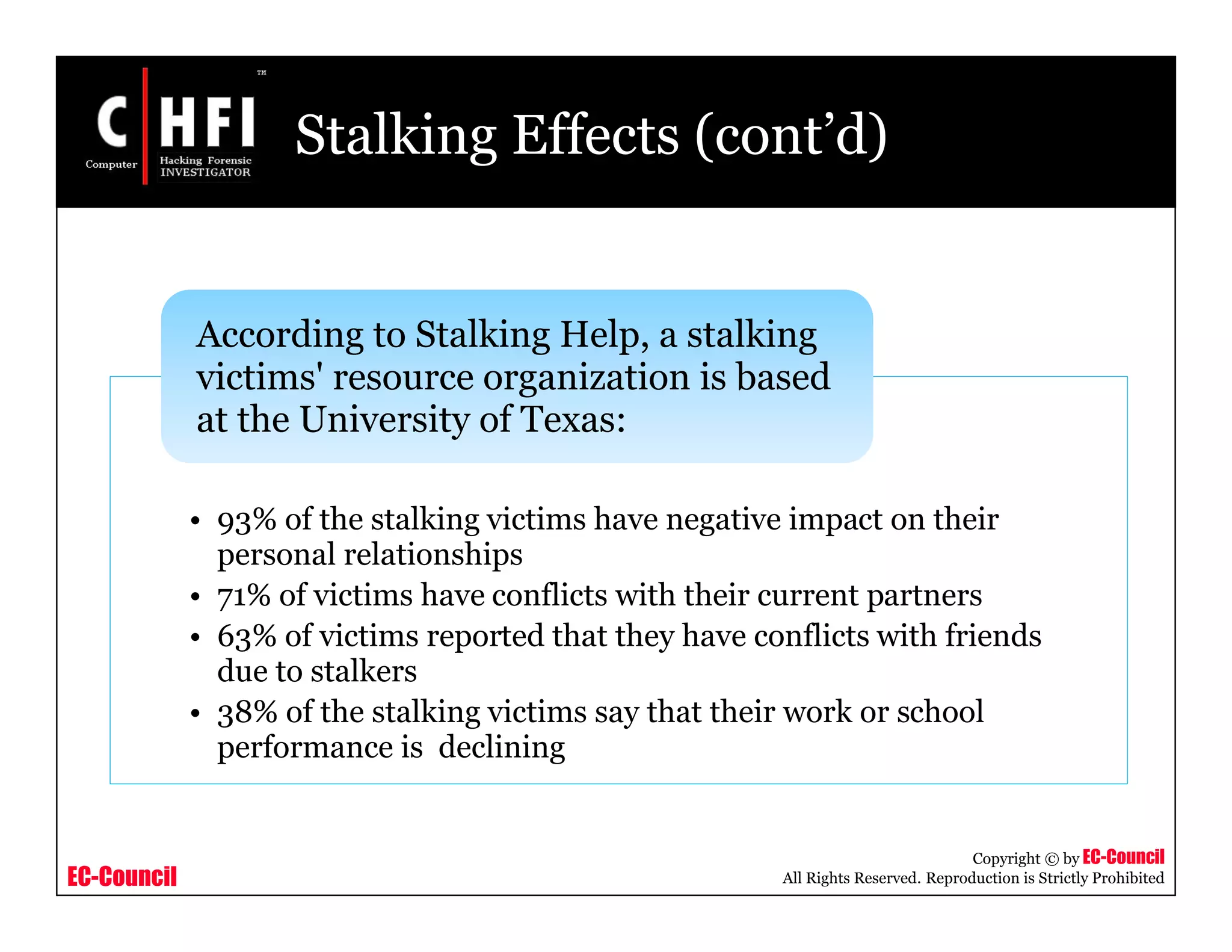 EC-Council
Copyright © by EC-Council
All Rights Reserved. Reproduction is Strictly Prohibited
Stalking Effects (cont’d)
• 93% of the stalking victims have negative impact on their
personal relationships
• 71% of victims have conflicts with their current partners
• 63% of victims reported that they have conflicts with friends
due to stalkers
• 38% of the stalking victims say that their work or school
performance is declining
According to Stalking Help, a stalking
victims' resource organization is based
at the University of Texas:
 