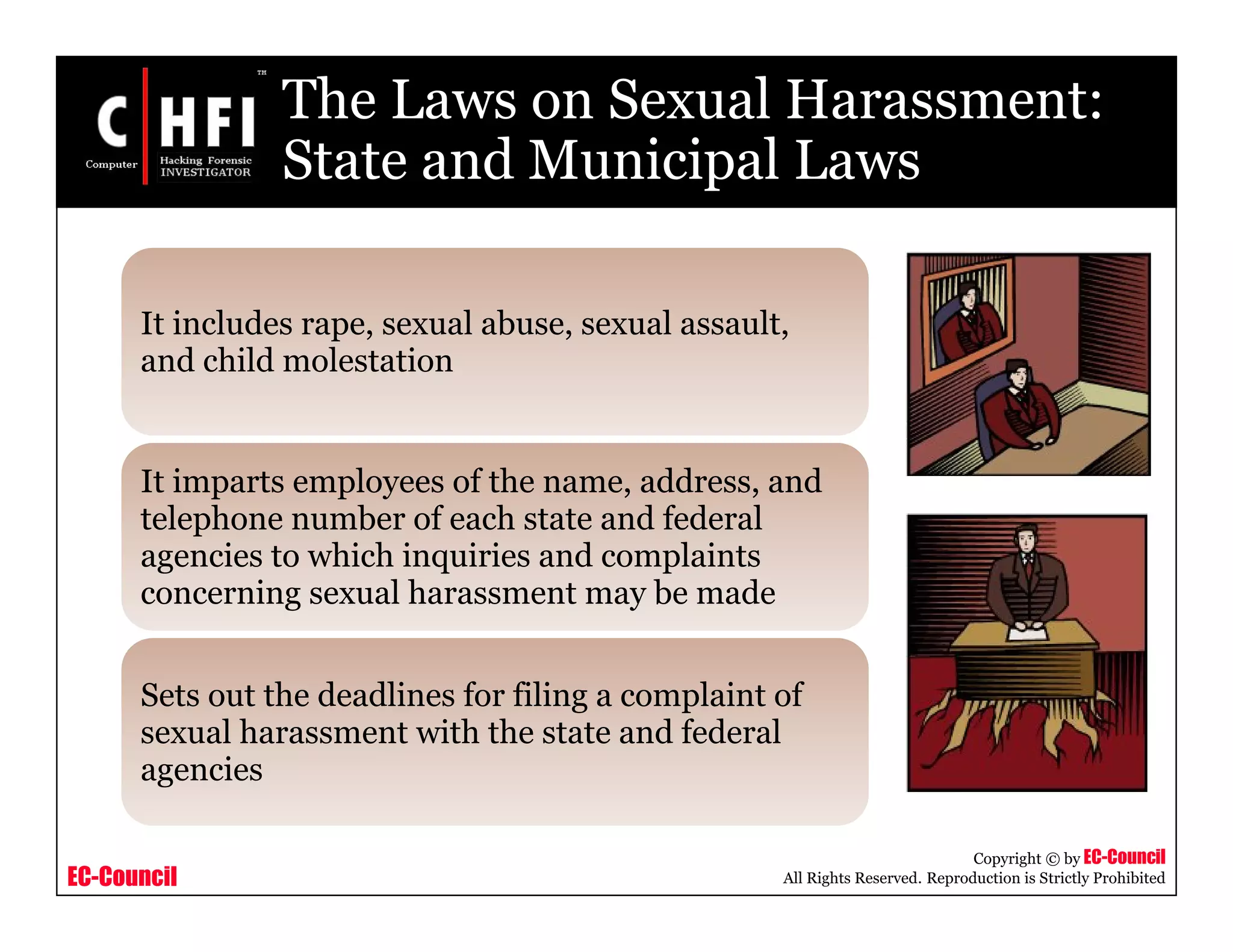 EC-Council
Copyright © by EC-Council
All Rights Reserved. Reproduction is Strictly Prohibited
The Laws on Sexual Harassment:
State and Municipal Laws
It includes rape, sexual abuse, sexual assault,
and child molestation
It imparts employees of the name, address, and
telephone number of each state and federal
agencies to which inquiries and complaints
concerning sexual harassment may be made
Sets out the deadlines for filing a complaint of
sexual harassment with the state and federal
agencies
 