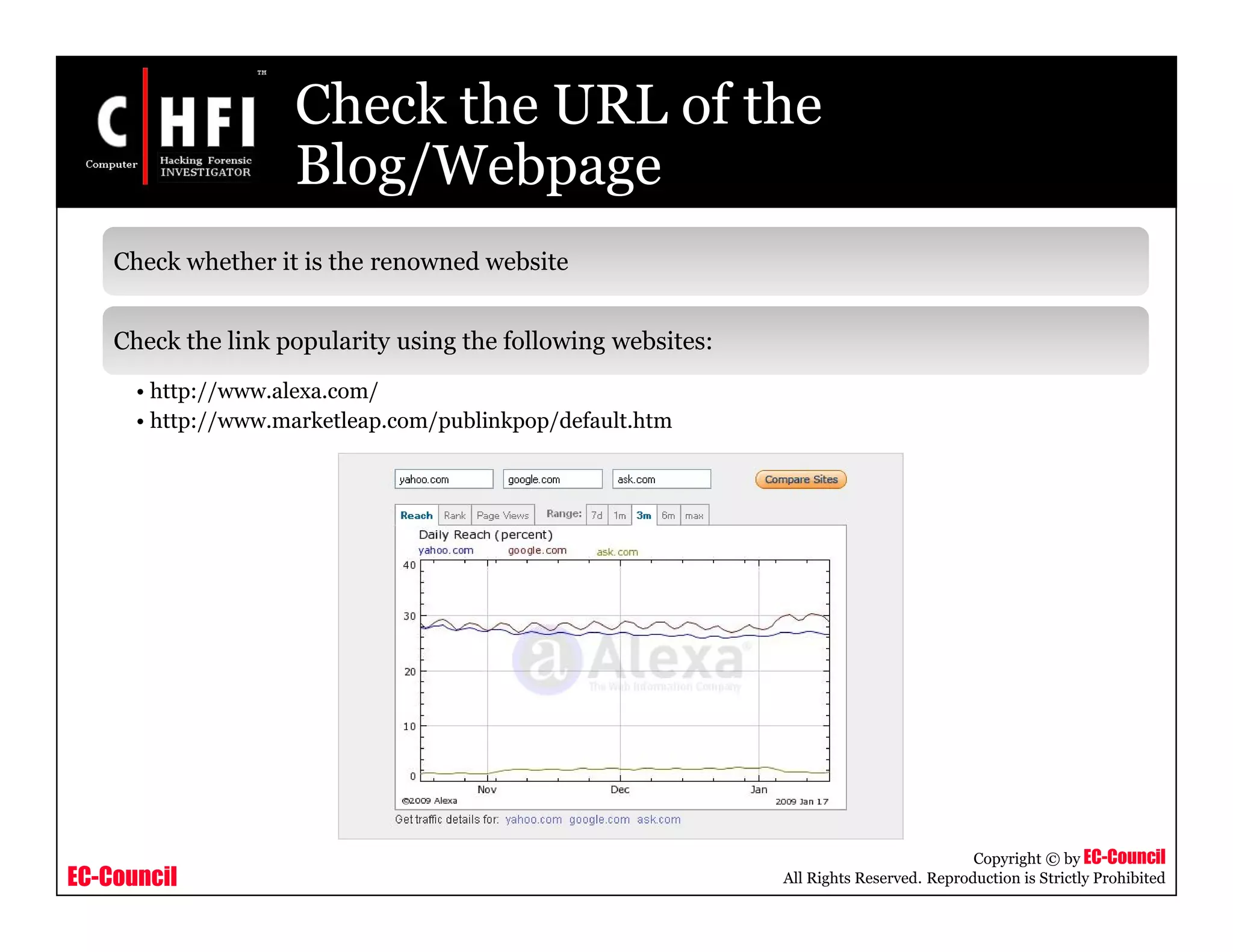 EC-Council
Copyright © by EC-Council
All Rights Reserved. Reproduction is Strictly Prohibited
Check the URL of the
Blog/Webpage
Check whether it is the renowned website
Check the link popularity using the following websites:
• http://www.alexa.com/
• http://www.marketleap.com/publinkpop/default.htm
 