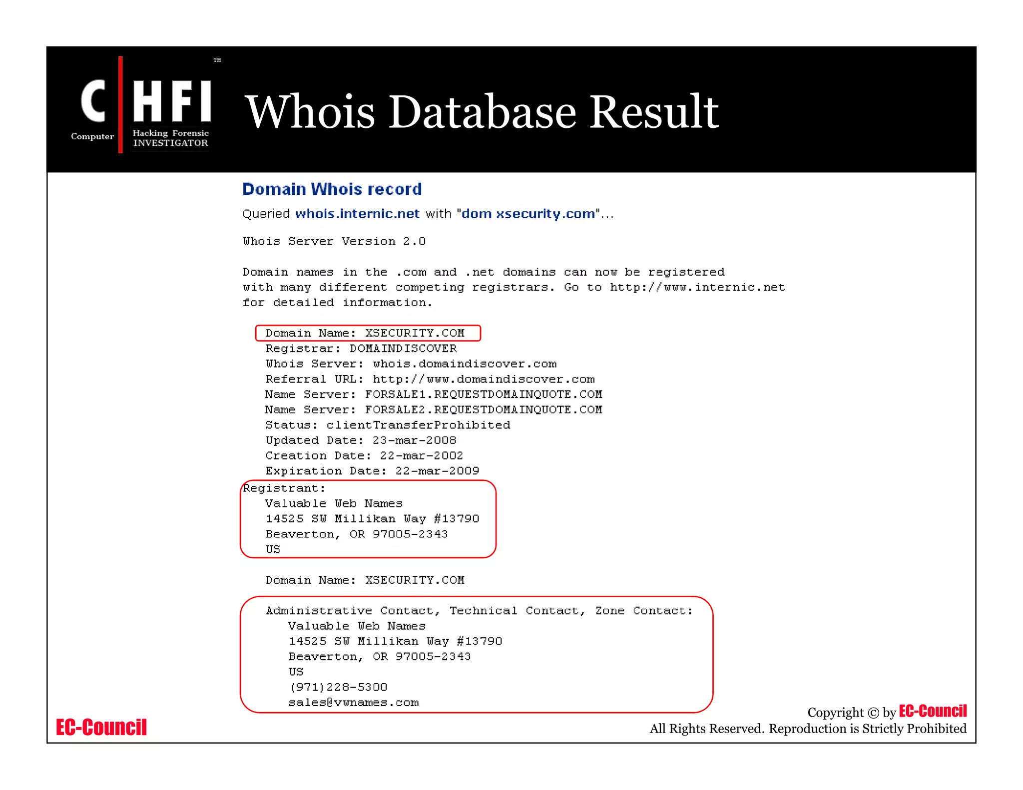EC-Council
Copyright © by EC-Council
All Rights Reserved. Reproduction is Strictly Prohibited
Whois Database Result
 