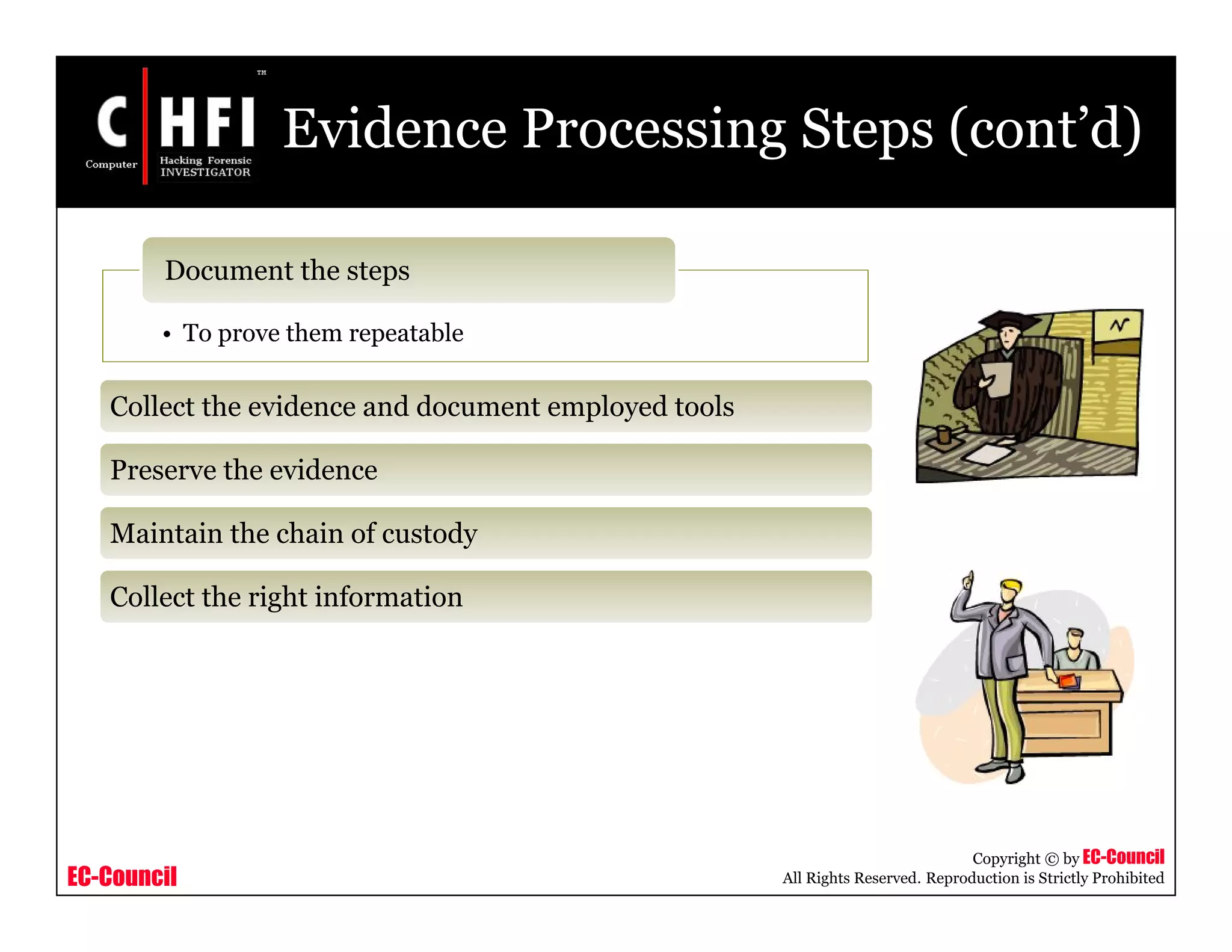 EC-Council
Copyright © by EC-Council
All Rights Reserved. Reproduction is Strictly Prohibited
Evidence Processing Steps (cont’d)
• To prove them repeatable
Document the steps
Collect the evidence and document employed tools
Preserve the evidence
Maintain the chain of custody
Collect the right information
 
