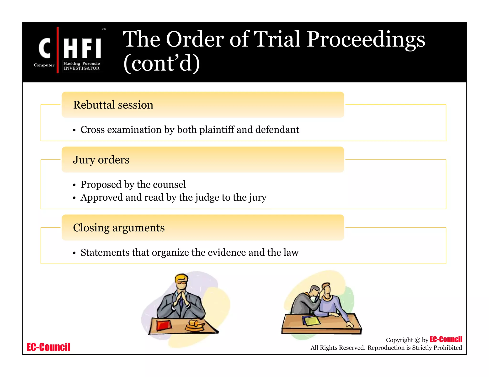 EC-Council
Copyright © by EC-Council
All Rights Reserved. Reproduction is Strictly Prohibited
The Order of Trial Proceedings
(cont’d)
• Cross examination by both plaintiff and defendant
Rebuttal session
• Proposed by the counsel
• Approved and read by the judge to the jury
Jury orders
• Statements that organize the evidence and the law
Closing arguments
 
