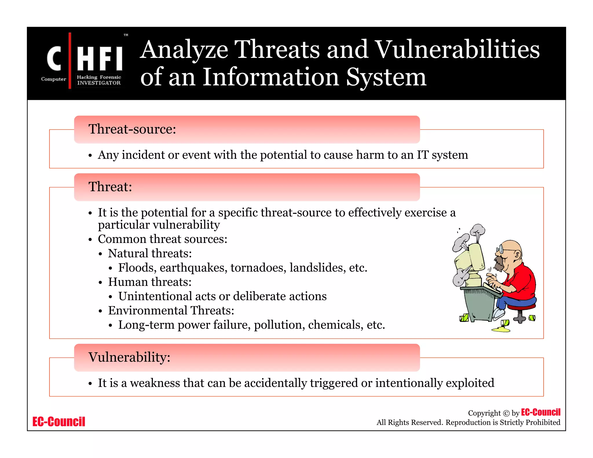 EC-Council
Copyright © by EC-Council
All Rights Reserved. Reproduction is Strictly Prohibited
Analyze Threats and Vulnerabilities
of an Information System
• Any incident or event with the potential to cause harm to an IT system
Threat-source:
• It is the potential for a specific threat-source to effectively exercise a
particular vulnerability
• Common threat sources:
• Natural threats:
• Floods, earthquakes, tornadoes, landslides, etc.
• Human threats:
• Unintentional acts or deliberate actions
• Environmental Threats:
• Long-term power failure, pollution, chemicals, etc.
Threat:
• It is a weakness that can be accidentally triggered or intentionally exploited
Vulnerability:
 