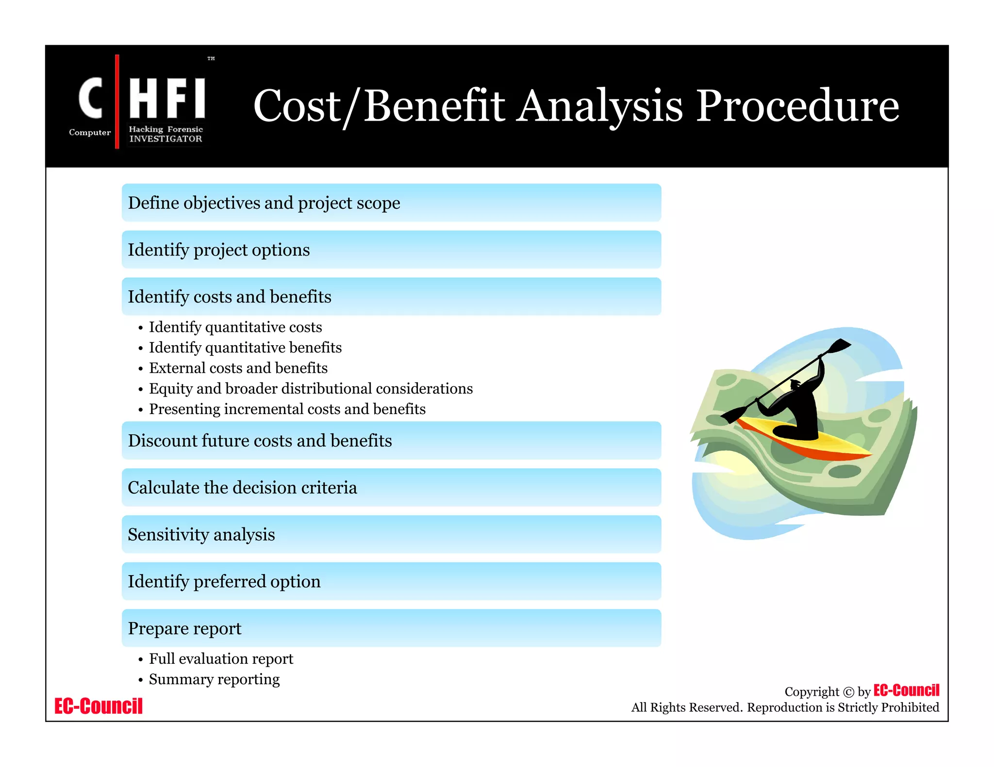 EC-Council
Copyright © by EC-Council
All Rights Reserved. Reproduction is Strictly Prohibited
Cost/Benefit Analysis Procedure
Define objectives and project scope
Identify project options
Identify costs and benefits
• Identify quantitative costs
• Identify quantitative benefits
• External costs and benefits
• Equity and broader distributional considerations
• Presenting incremental costs and benefits
Discount future costs and benefits
Calculate the decision criteria
Sensitivity analysis
Identify preferred option
Prepare report
• Full evaluation report
• Summary reporting
 
