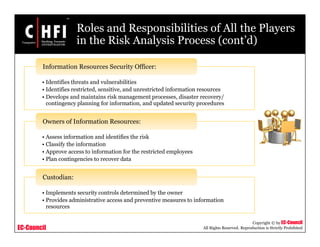 EC-Council
Copyright © by EC-Council
All Rights Reserved. Reproduction is Strictly Prohibited
Roles and Responsibilities of All the Players
in the Risk Analysis Process (cont’d)
• Identifies threats and vulnerabilities
• Identifies restricted, sensitive, and unrestricted information resources
• Develops and maintains risk management processes, disaster recovery/
contingency planning for information, and updated security procedures
Information Resources Security Officer:
• Assess information and identifies the risk
• Classify the information
• Approve access to information for the restricted employees
• Plan contingencies to recover data
Owners of Information Resources:
• Implements security controls determined by the owner
• Provides administrative access and preventive measures to information
resources
Custodian:
 