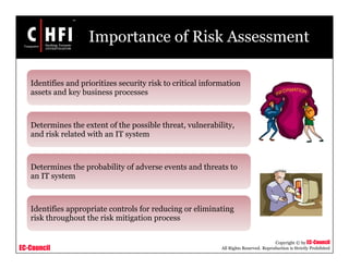 EC-Council
Copyright © by EC-Council
All Rights Reserved. Reproduction is Strictly Prohibited
Importance of Risk Assessment
Identifies and prioritizes security risk to critical information
assets and key business processes
Determines the extent of the possible threat, vulnerability,
and risk related with an IT system
Determines the probability of adverse events and threats to
an IT system
Identifies appropriate controls for reducing or eliminating
risk throughout the risk mitigation process
 