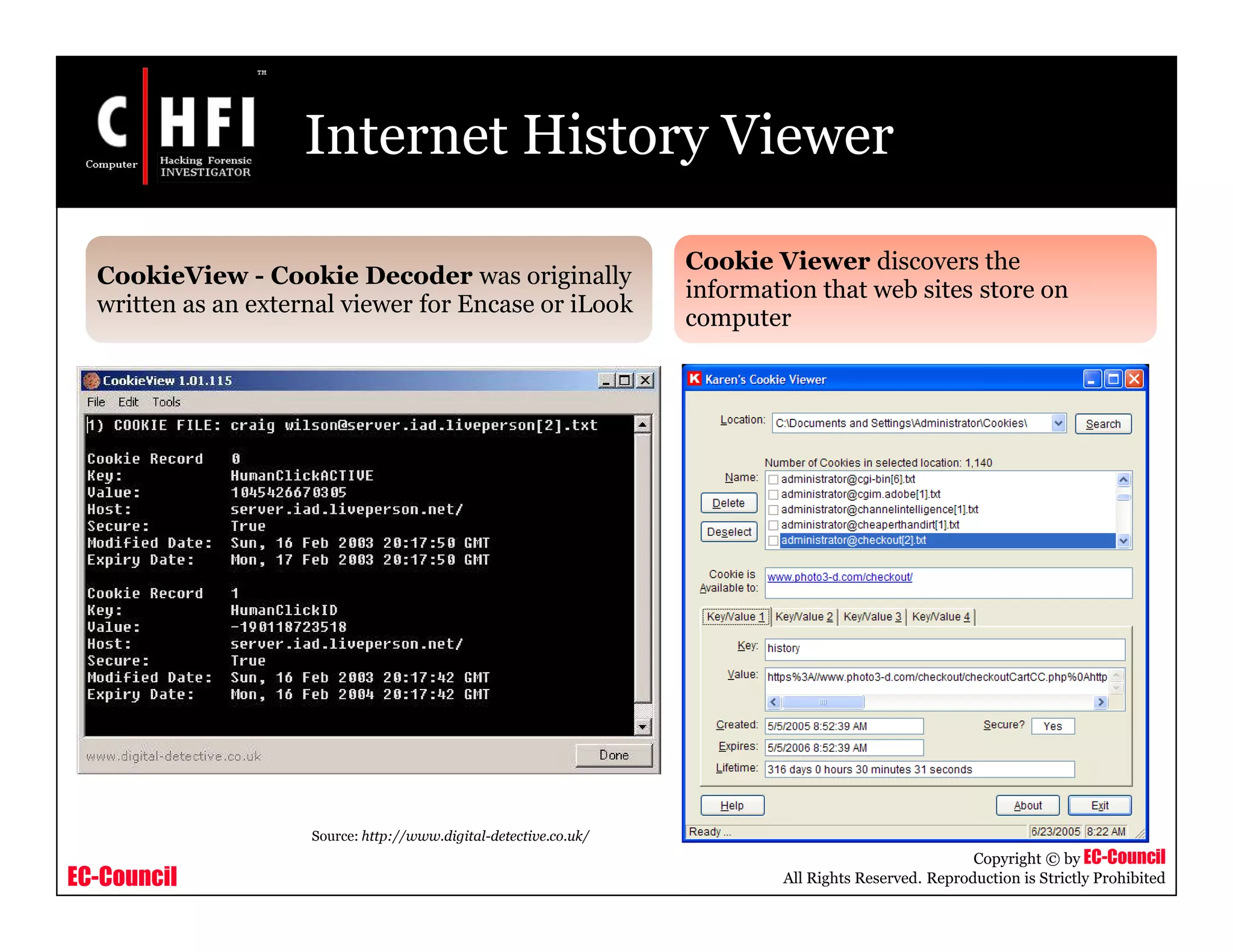 EC-Council
Copyright © by EC-Council
All Rights Reserved. Reproduction is Strictly Prohibited
Internet History Viewer
CookieView - Cookie Decoder was originally
written as an external viewer for Encase or iLook
Cookie Viewer discovers the
information that web sites store on
computer
Source: http://www.digital-detective.co.uk/
 