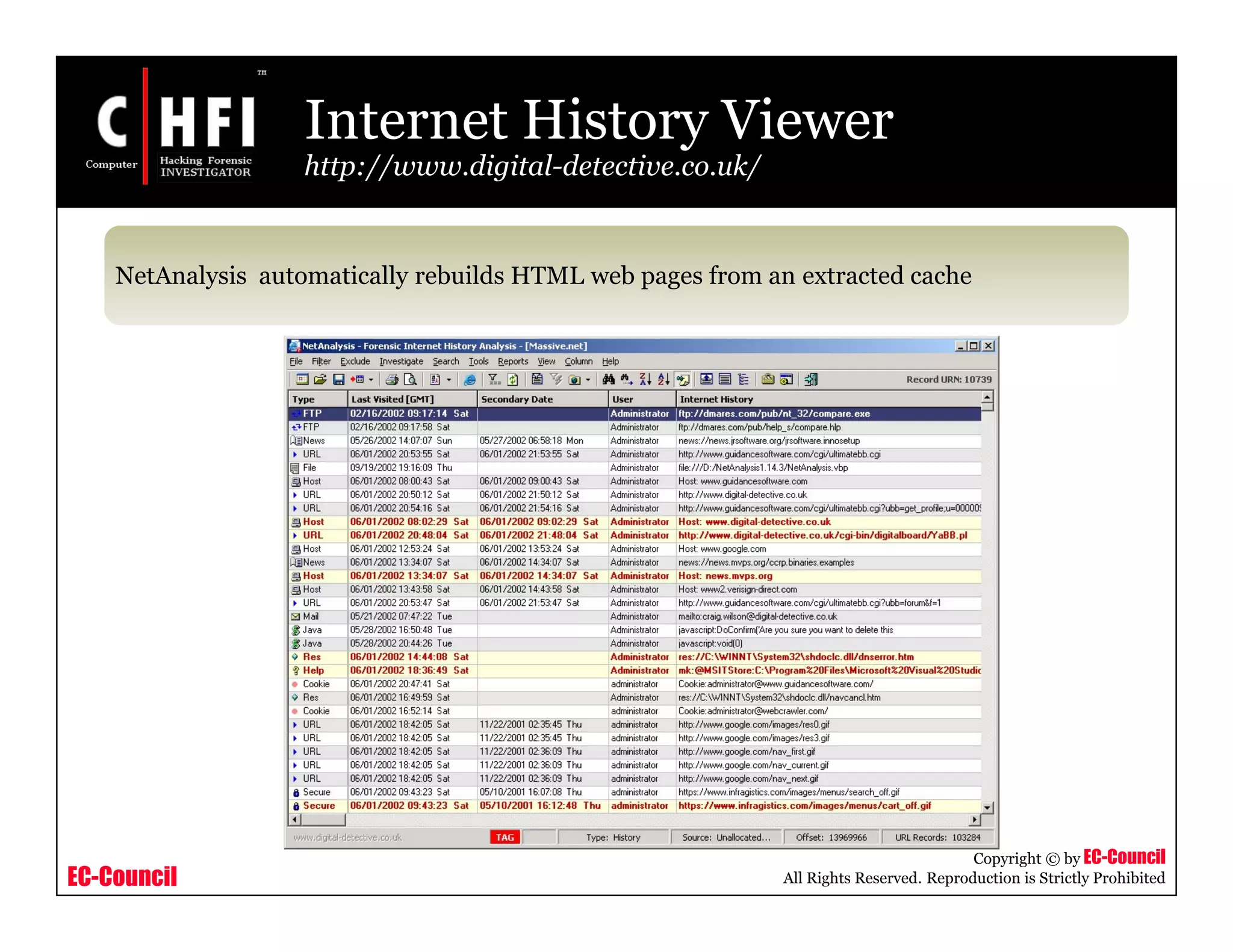 EC-Council
Copyright © by EC-Council
All Rights Reserved. Reproduction is Strictly Prohibited
Internet History Viewer
http://www.digital-detective.co.uk/
NetAnalysis automatically rebuilds HTML web pages from an extracted cache
 