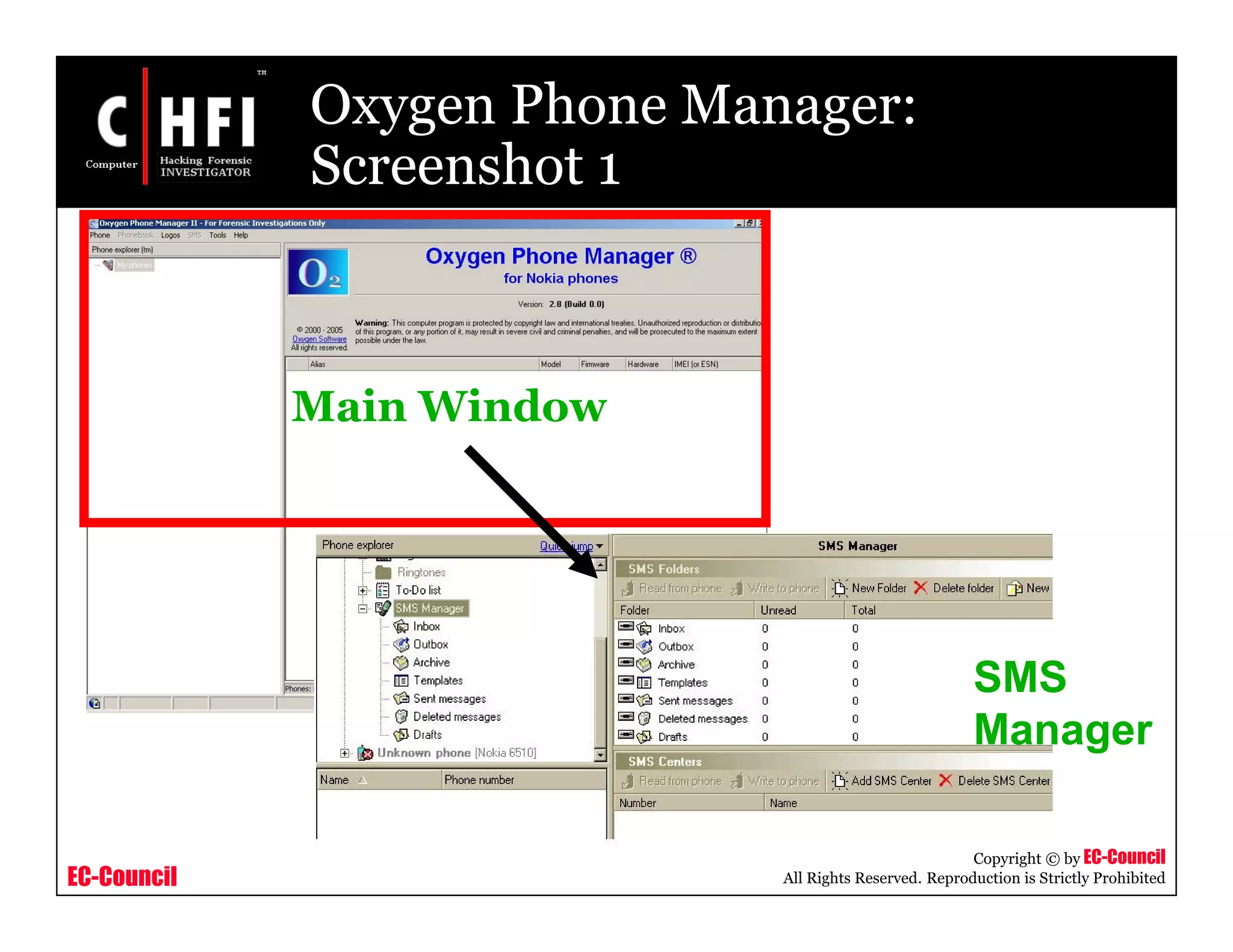EC-Council
Copyright © by EC-Council
All Rights Reserved. Reproduction is Strictly Prohibited
Oxygen Phone Manager:
Screenshot 1
Main Window
SMS
Manager
 