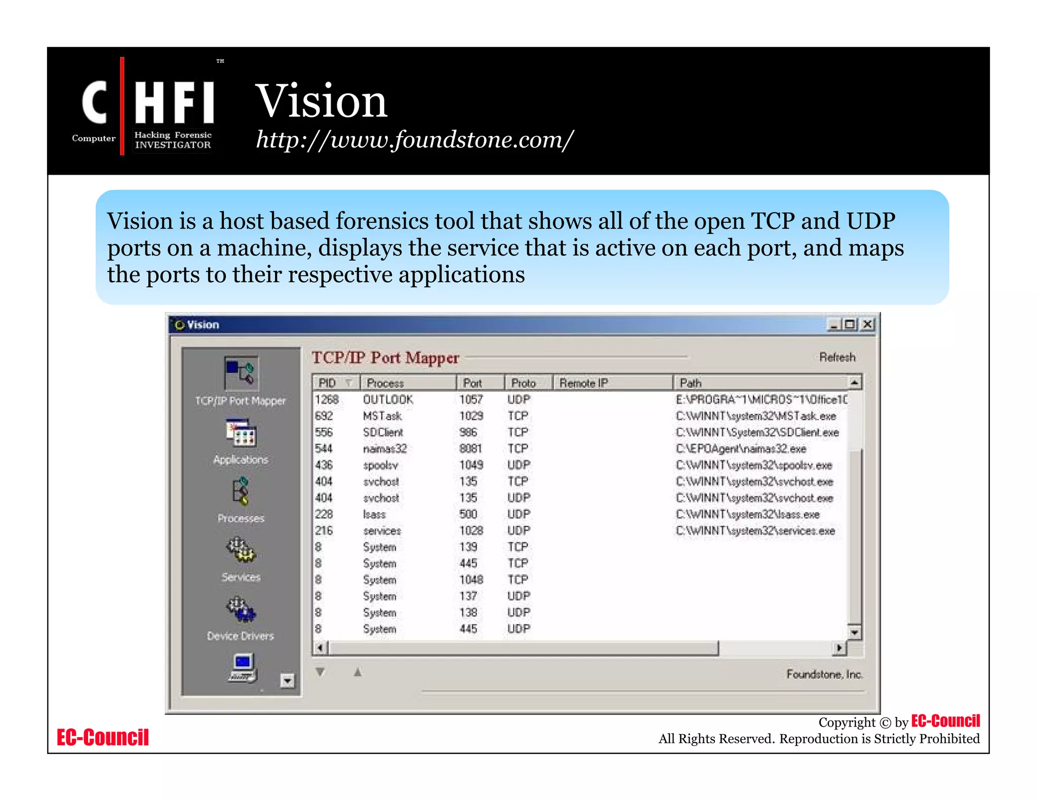 EC-Council
Copyright © by EC-Council
All Rights Reserved. Reproduction is Strictly Prohibited
Vision
http://www.foundstone.com/
Vision is a host based forensics tool that shows all of the open TCP and UDP
ports on a machine, displays the service that is active on each port, and maps
the ports to their respective applications
 