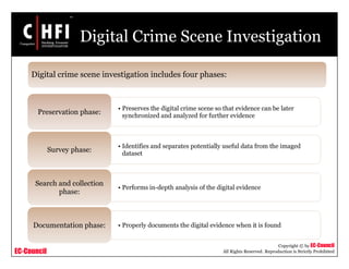 EC-Council
Copyright © by EC-Council
All Rights Reserved. Reproduction is Strictly Prohibited
Digital Crime Scene Investigation
• Preserves the digital crime scene so that evidence can be later
synchronized and analyzed for further evidence
Preservation phase:
• Identifies and separates potentially useful data from the imaged
dataset
Survey phase:
• Performs in-depth analysis of the digital evidence
Search and collection
phase:
• Properly documents the digital evidence when it is foundDocumentation phase:
Digital crime scene investigation includes four phases:
 