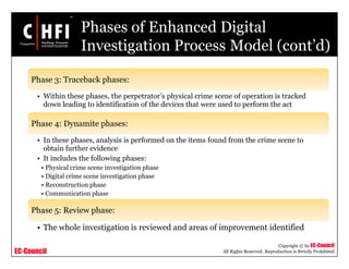 EC-Council
Copyright © by EC-Council
All Rights Reserved. Reproduction is Strictly Prohibited
Phases of Enhanced Digital
Investigation Process Model (cont’d)
Phase 3: Traceback phases:
• Within these phases, the perpetrator’s physical crime scene of operation is tracked
down leading to identification of the devices that were used to perform the act
Phase 4: Dynamite phases:
• In these phases, analysis is performed on the items found from the crime scene to
obtain further evidence
• It includes the following phases:
• Physical crime scene investigation phase
• Digital crime scene investigation phase
• Reconstruction phase
• Communication phase
Phase 5: Review phase:
• The whole investigation is reviewed and areas of improvement identified
 