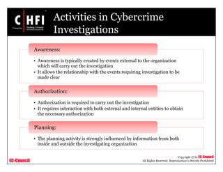 EC-Council
Copyright © by EC-Council
All Rights Reserved. Reproduction is Strictly Prohibited
Activities in Cybercrime
Investigations
• Awareness is typically created by events external to the organization
which will carry out the investigation
• It allows the relationship with the events requiring investigation to be
made clear
Awareness:
• Authorization is required to carry out the investigation
• It requires interaction with both external and internal entities to obtain
the necessary authorization
Authorization:
• The planning activity is strongly influenced by information from both
inside and outside the investigating organization
Planning:
 
