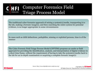 EC-Council
Copyright © by EC-Council
All Rights Reserved. Reproduction is Strictly Prohibited
Computer Forensics Field
Triage Process Model
The traditional cyber forensics approach of seizing a system(s)/media, transporting it to
the lab, making a forensic image(s), and then searching the entire system for potential
evidence, is no longer appropriate in some circumstances
In cases such as child abductions, pedophiles, missing or exploited persons, time is of the
essence
The Cyber Forensic Field Triage Process Model (CFFTPM) proposes an onsite or field
approach for providing the identification, analysis, and interpretation of digital evidence in
a short time frame, without the requirement of having to take the system(s)/media back to
the lab for an in-depth examination or acquiring a complete forensic image(s)
Source: http://www.digitalforensics-conference.org/
 